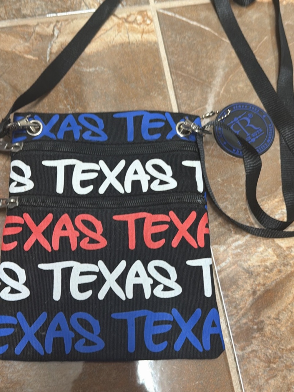 Robin Ruth Black Crossbody Bag with Red, White & Blue TEXAS Print